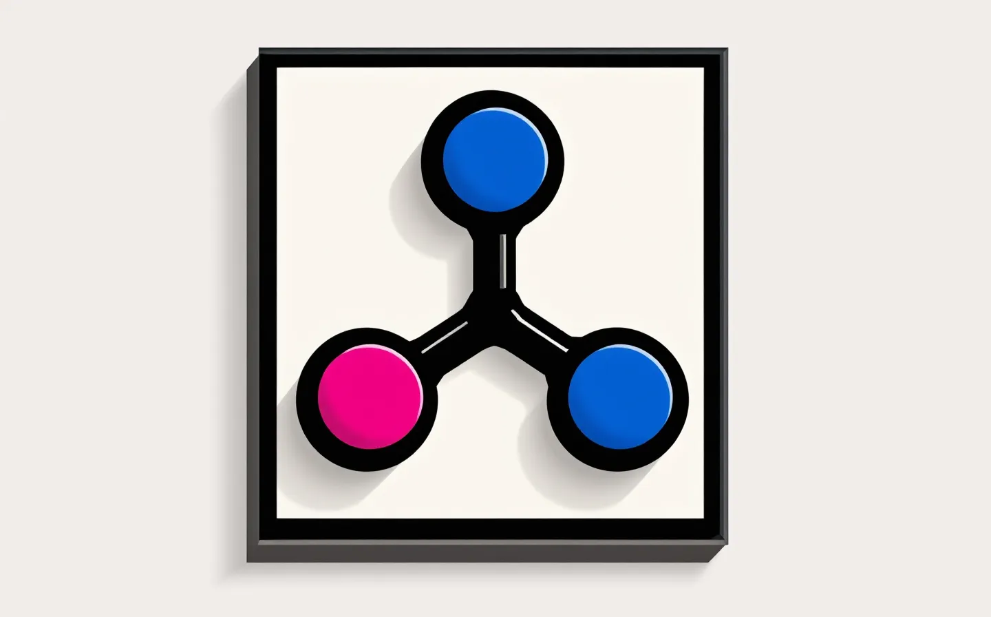 Bold flat neo-brutalist emblem of a cobalt copper(II) coordination node bonded to a three-bead peptide chain, boxed with a hard black offset shadow